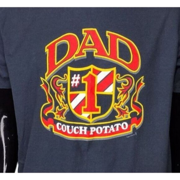 Vintage 80s #1 COUCH POTATO DAD Black Red Single Stitch Graphic Tee L/XL USA - Picture 2 of 7